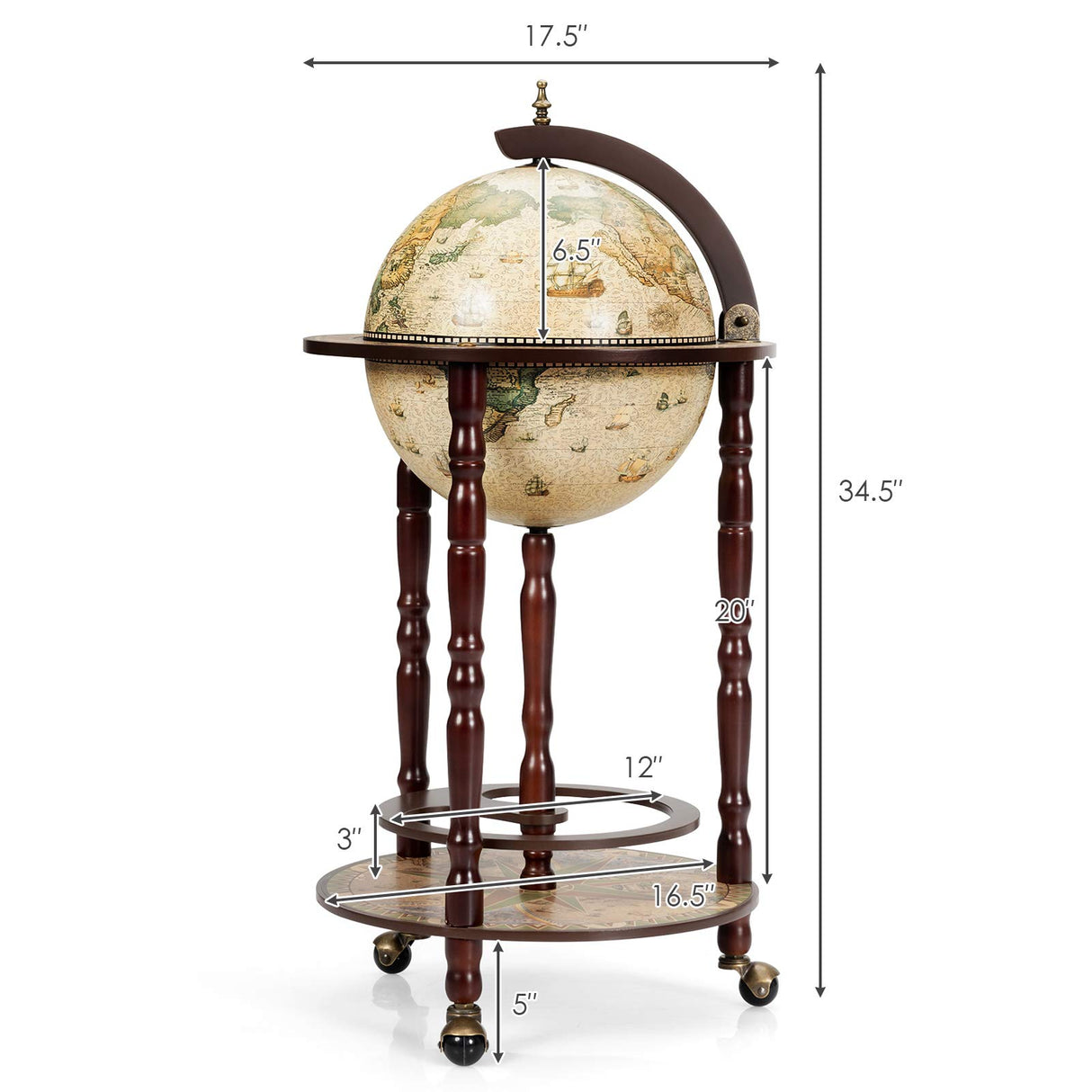 Moccha 17’’ Globe Wood Wine Bar Stand, 16th Century Italian Replica Liquor Bottle Shelf w/Wheels, Wood Wine Cart Cabinet, Globe Wine Organizer for Spirits, Beverages Stemware (Creamy White) LDAILY