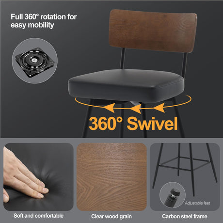 Bekrvio Counter Height Swivel Bar Stools Set of 3, Upholstered Faux Leather Barstools with Wood Backs and Metal Legs, 26" Seat Height Counter Bar Stool for Kitchen Island, Black Bekrvio