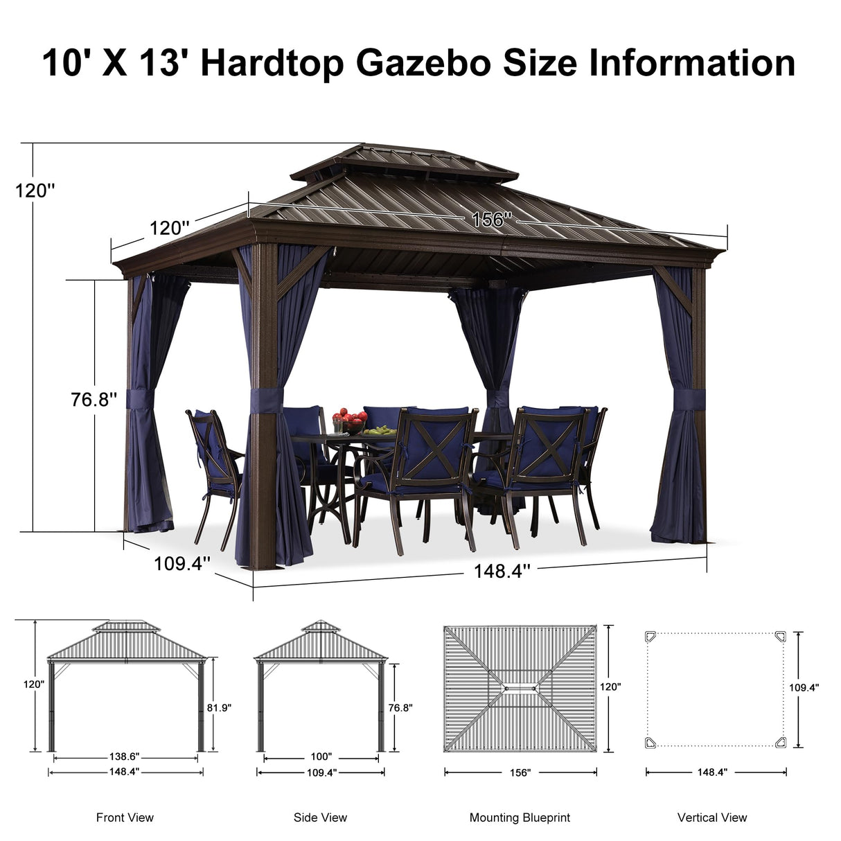 PURPLE LEAF 10' x 13' Outdoor Hardtop Gazebo Canopy Outside Metal Roof Heavy Duty Permanent Pavilion PURPLE LEAF