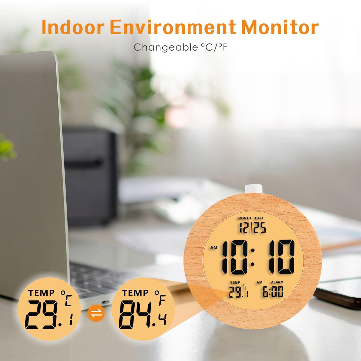 Plumeet Wooden Digital Alarm Clock for Bedrooms, Wood 4'' Battery Powered Alarm Clock with Snooze and Nightlight, Electronic LCD Desk Clock Display Time, Date, Temp, 12/24H, Wood Décor, Round, Brown Plumeet