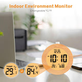 Plumeet Wooden Digital Alarm Clock for Bedrooms, Wood 4'' Battery Powered Alarm Clock with Snooze and Nightlight, Electronic LCD Desk Clock Display Time, Date, Temp, 12/24H, Wood Décor, Round, Brown Plumeet