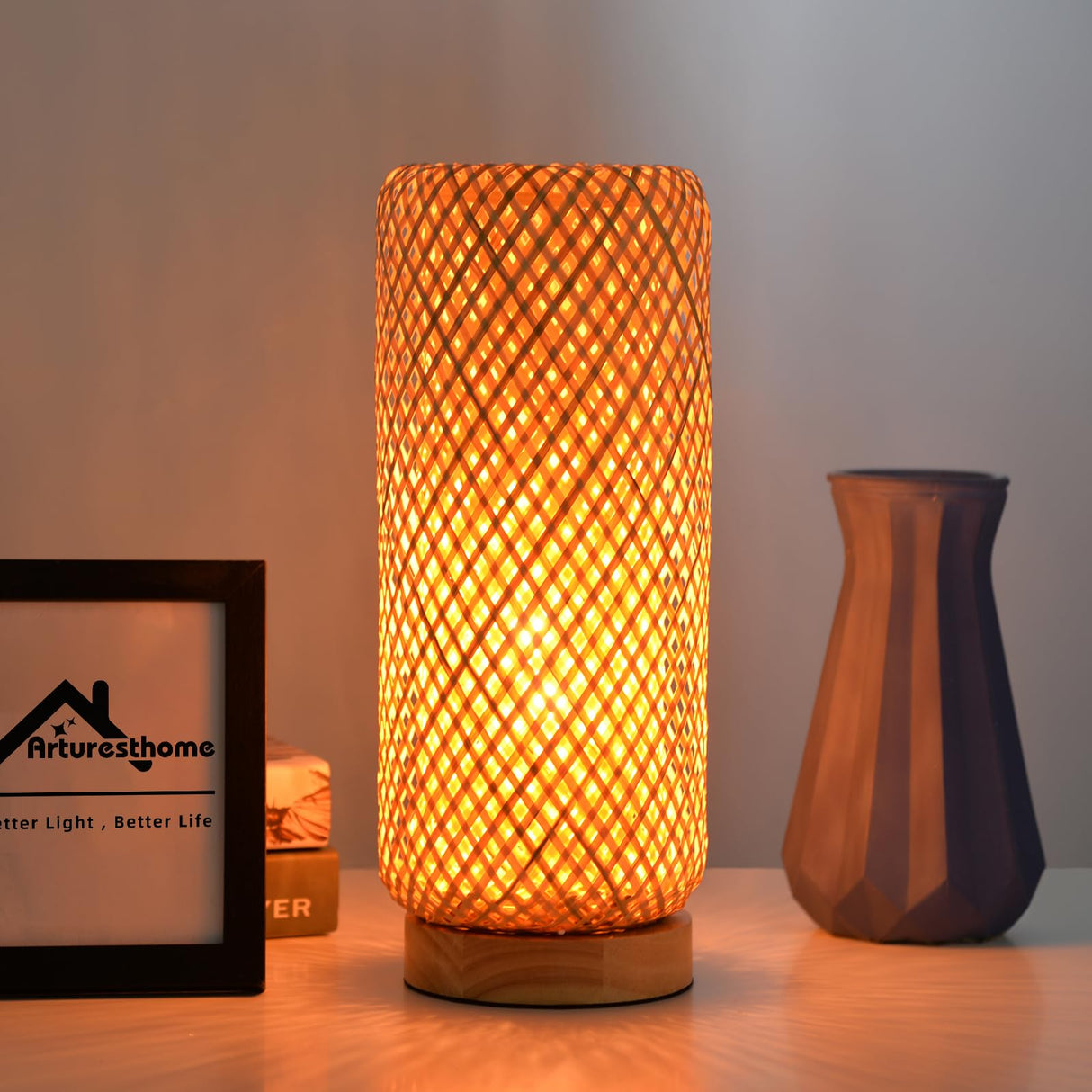Arturesthome Bamboo Table Lamps with Shade, Rustic Farmhouse Boho Coastal Desk Lamp Night Light for Decorative Bedroom, Study Room, Cafe, Bookcase Arturesthome