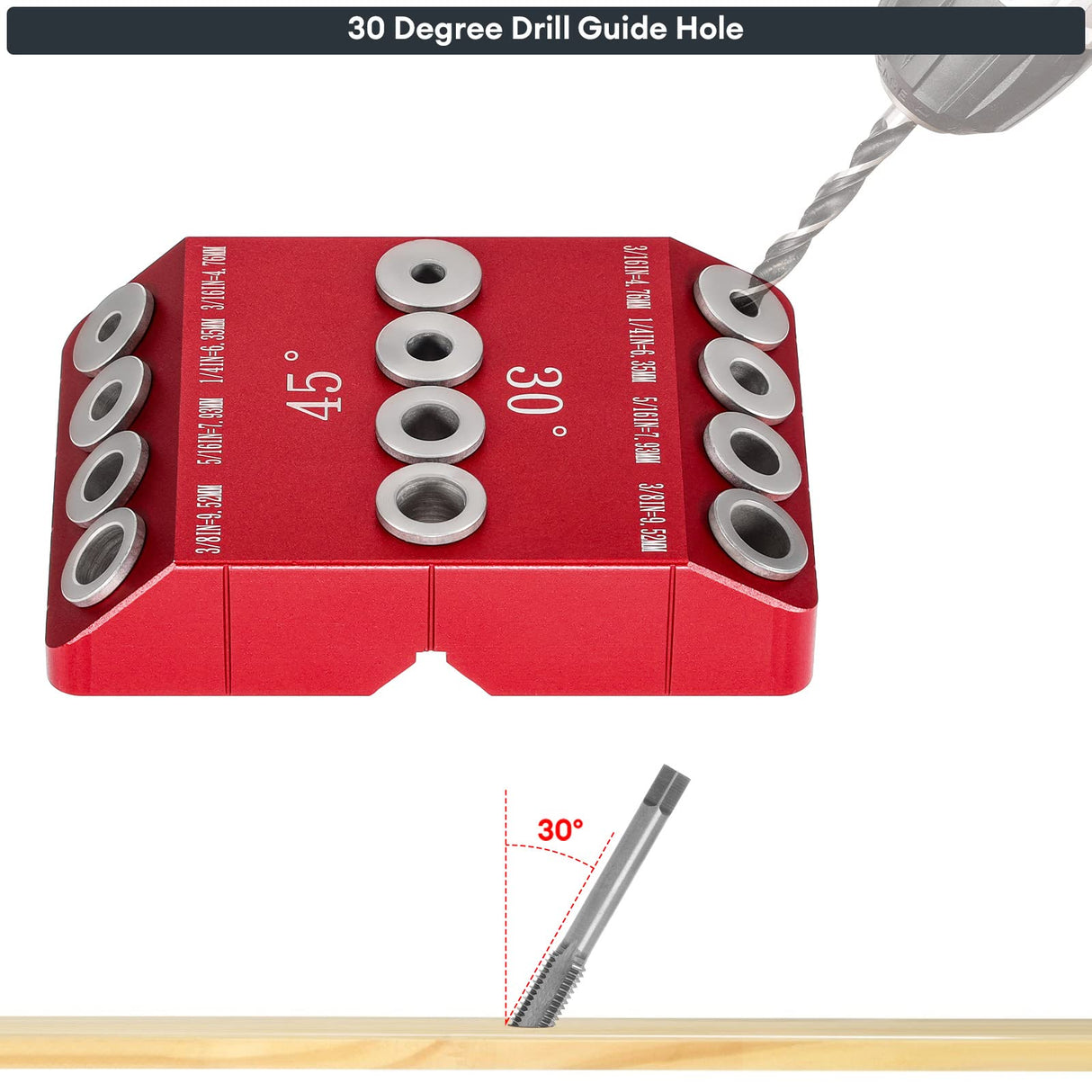 SLIIMU 30 45 90 Degree Angle 4 Sizes Drill Hole Guide Jig for Angled and Straight Hole, Portable Deck Cable Railing Lag Screw Drilling Template Block For Horizontal Cable Wood Post,Stair Wire Handrail SLIIMU