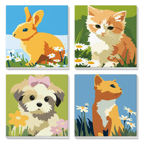 NEWENMO 4 Pack Paint by Number for Kids with Wooden Frame, Cute Rabbit, Cat, Dog Paint by Numbers for Kids Ages 8-12, Animal, DIY Acrylic Oil Painting for Beginners for Home Wall Decor 8X8 inch NEWENMO
