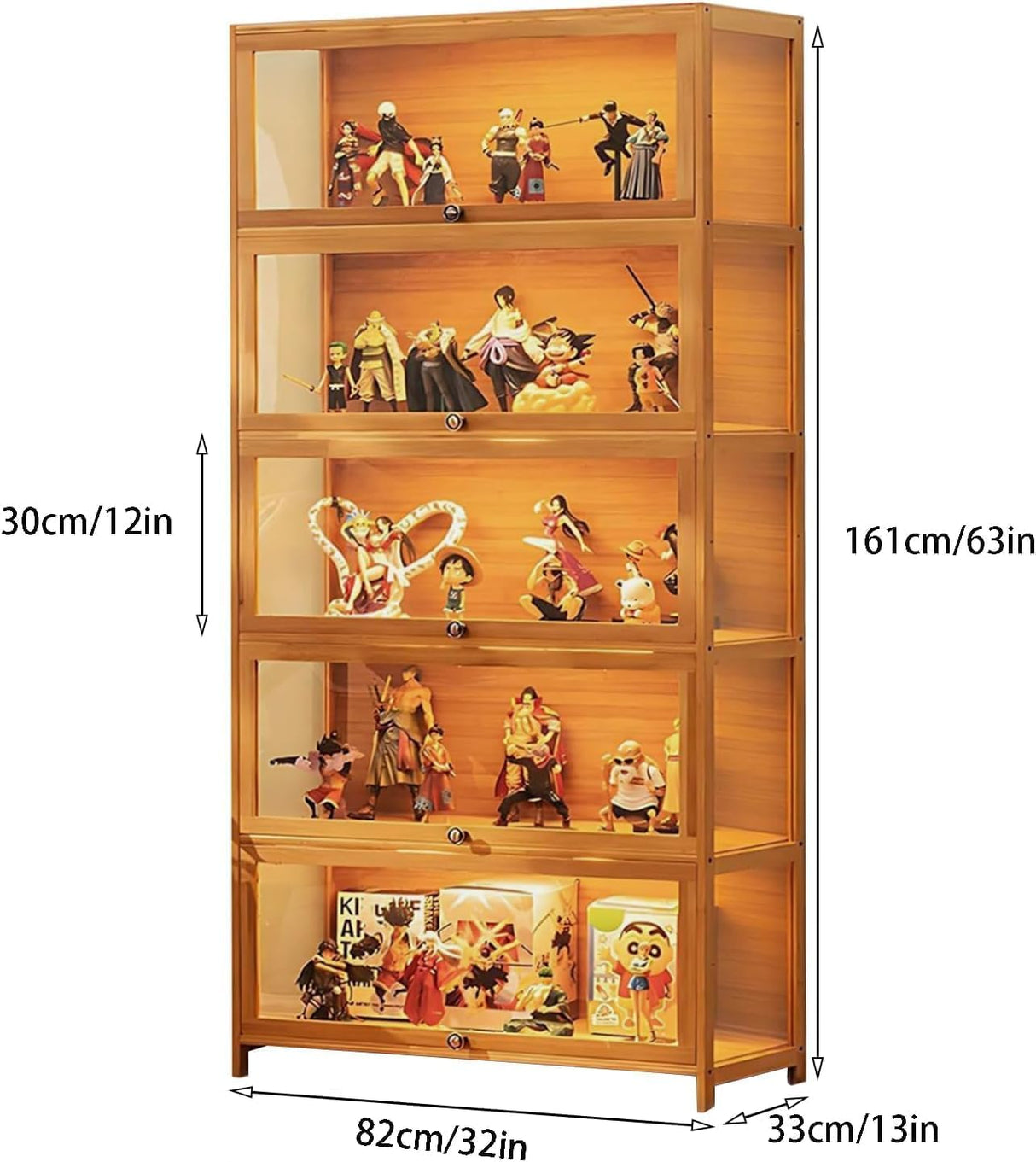 iusyugh 5-Tier Display Cabinet with Acrylic Glass Door, 65.5" High Display Case, Transparent Curio Cabinet&Bookcase for Collectibles, Toys, Books, for Playroom, Bedroom, Study Room (Wooden flip Door) iusyugh