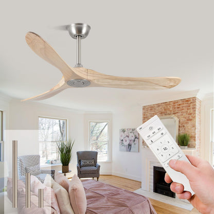 52 Inch Ceiling Fans Without Lights, Solid Wood Ceiling Fan with Remote Control and DC Silent Motor for Patio, Living Room, Bedroom, Nature Wood (Includes 3 Downrods)