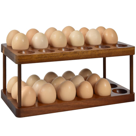 Wooden Double Layer Egg Holder - Farmhouse Kitchen Acacia Egg Tray Organizer - 2 Tier Fresh Egg Storage Rack Basket for Countertop, 36 Capacity Sishynio