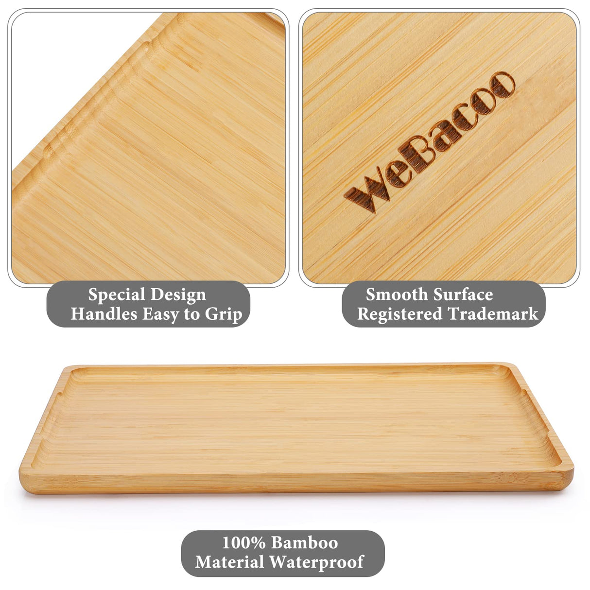 Webacoo Bamboo Serving Tray with Handles, Decorative Coffee Table Tray, Bamboo Platter for Breakfast in Bed, BBQ & Grilling Tray for Cooked & Raw Meat, 15 x 10 Inches WEBACOO
