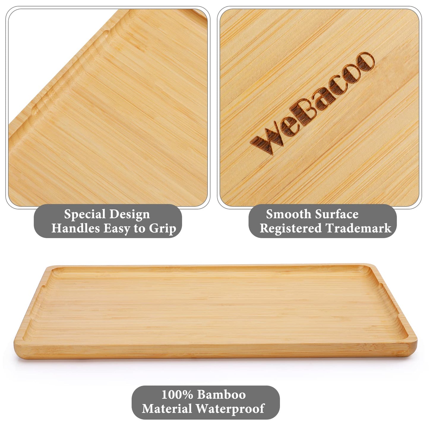 Webacoo Bamboo Serving Tray with Handles, Decorative Coffee Table Tray, Bamboo Platter for Breakfast in Bed, BBQ & Grilling Tray for Cooked & Raw Meat, 15 x 10 Inches