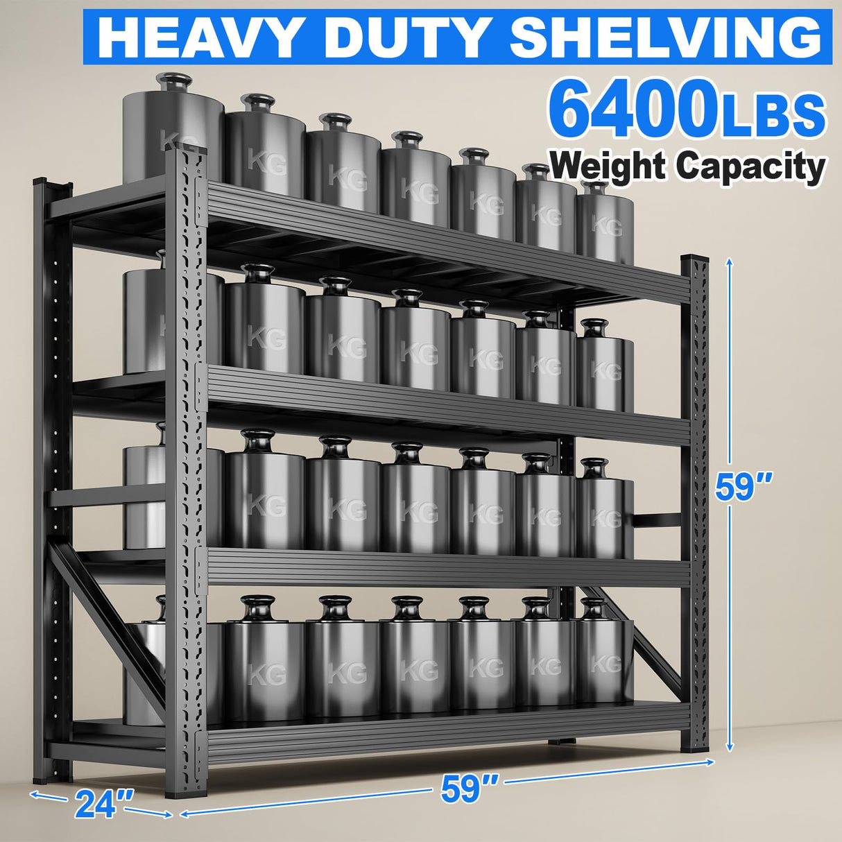 JBLCC 6400LBS Garage Shelving Heavy Duty 59" W Storage Shelves 4-Tier Adjustable Metal Steel Shelving Unit for Industrial, Commercial Basement, Pantry, Warehouse, 59'' W x 59''H x 24'' D JBLCC