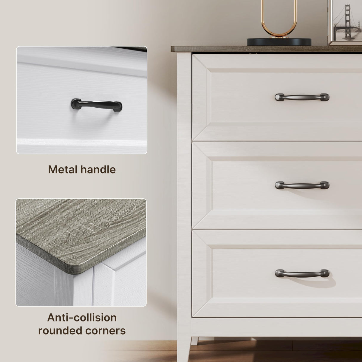 Gizoon 6 Drawer Dresser, 47.2" W Chest of Drawers, Modern Dresser for Bedroom, Wood TV Stand for Living Room, with Smooth Rail, Metal Handles, Anti-tip, for Hallway, Entryway, Grey Gizoon