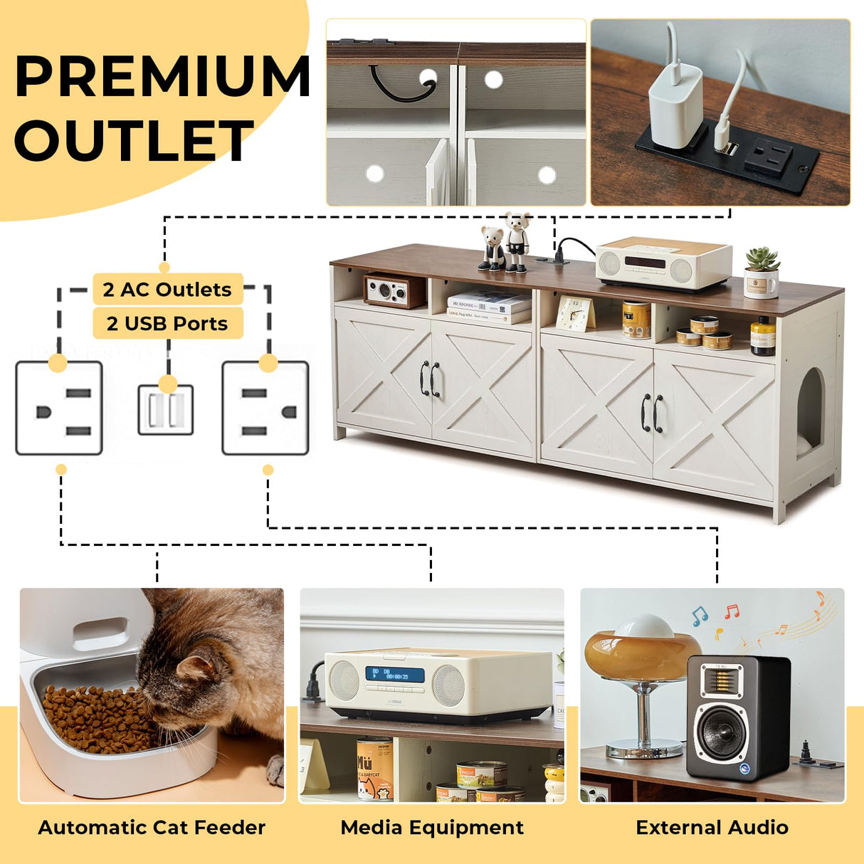 JanflyHome Double Cat Litter Box Enclosure for 2 Cats, 63" Hidden Litter Box Furniture with Outlet Power, Farmhouse Large Litter Box Cabinet TV Stand, 63 x 17.7 x 23.6 in, Antique White JanflyHome