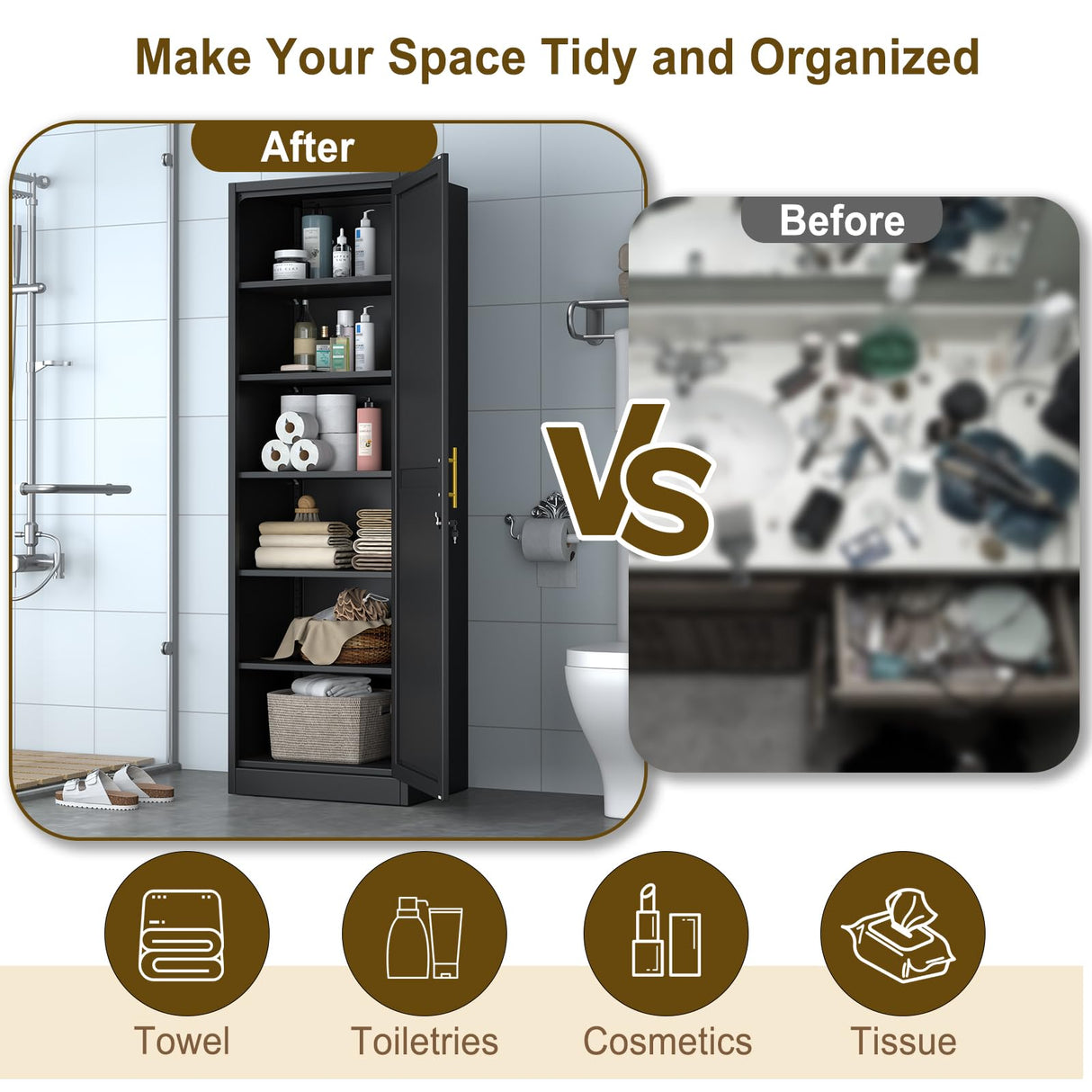 pozdeg 67" Metal Storage Cabinet with Lock, Tall Narrow Office File Cabinets with 5 Adjustable Shelves, Metal Steel Locker for Home, School, Office, Garage or Gym (Black) pozdeg