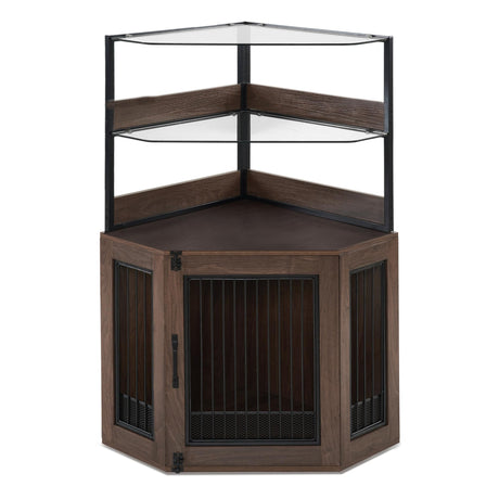 MCombo Corner Dog Crate Furniture with Glass Shelves, Wooden Dog Kennel Furniture with Door, Pet Crate Indoor Use, CN17 (Brown) MCombo