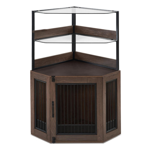 MCombo Corner Dog Crate Furniture with Glass Shelves, Wooden Dog Kennel Furniture with Door, Pet Crate Indoor Use, CN17 (Brown)