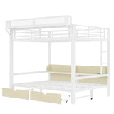 Bellemave Queen Over Queen Bunk Bed Frame with Storage Shelves & Drawers, Metal Bunk Bed Queen Over Queen with Charging Station & LED Lights, Space Saving Beds Frame Convertible to Sofa Design, White Bellemave