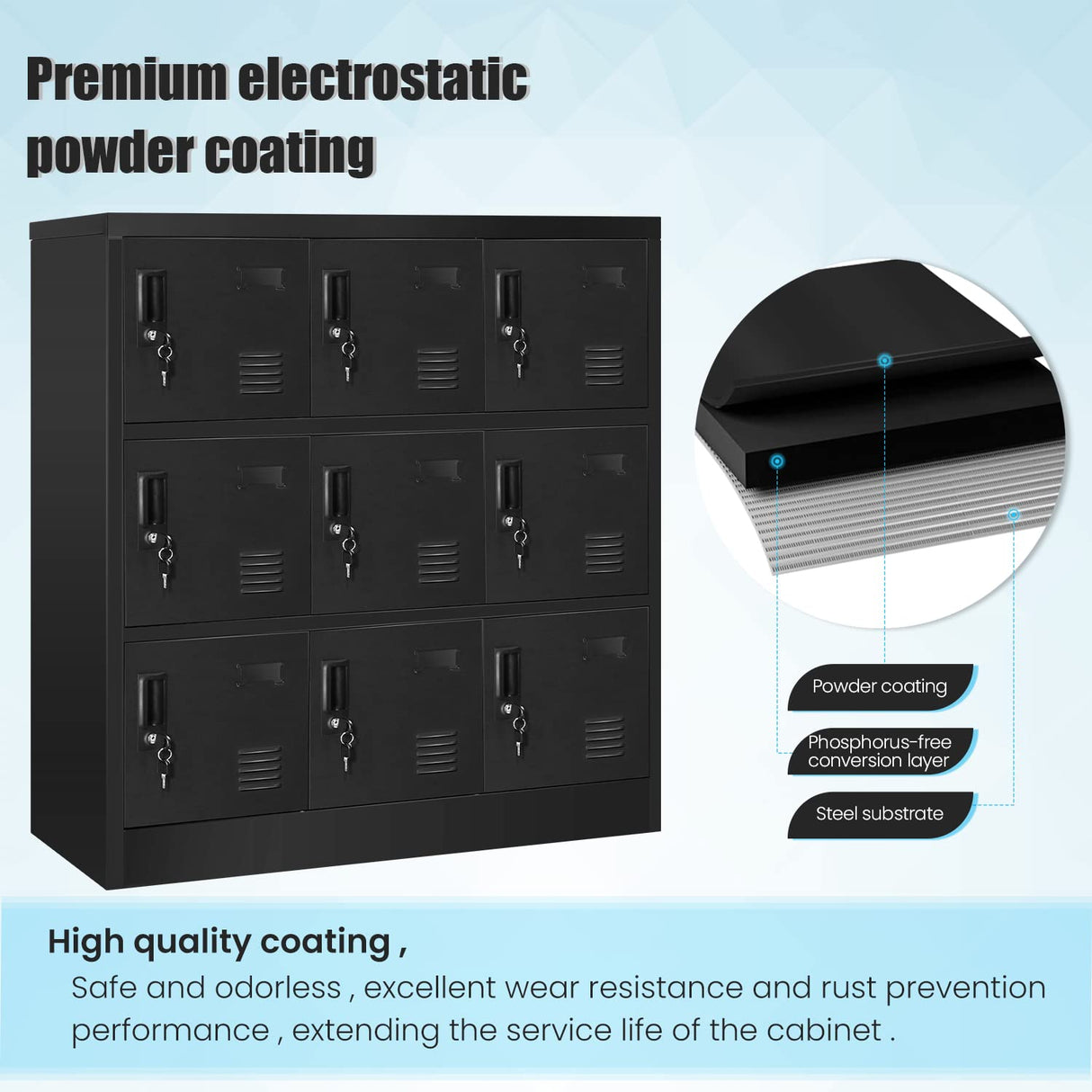 Greenvelly 9 Door Storage Locker for Employee, Metal Locker for Office, Gym, Shool, Lockable Black Steel Locker with Lock and Card Slot for Home,Garage Greenvelly