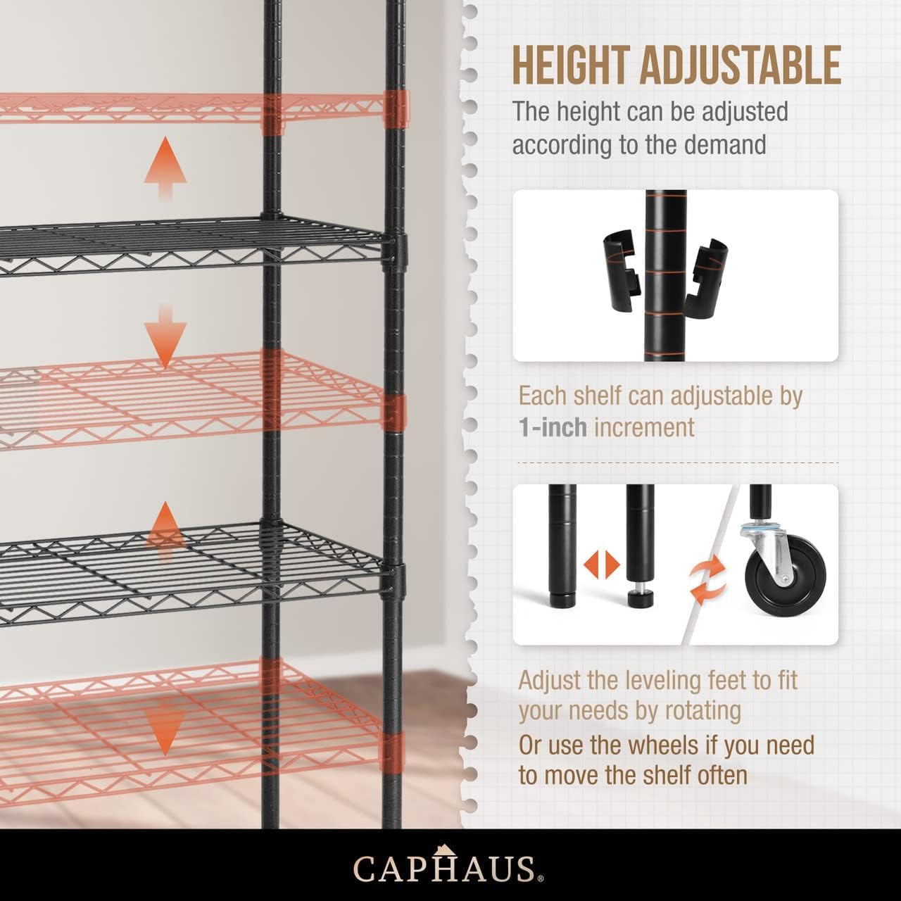 CAPHAUS NSF Commercial Grade Heavy Duty Wire Shelving w/Wheels, Leveling Feet & Liners, Storage Metal Shelf, Garage Shelving Storage, Utility Wire Rack Storage Shelves, w/Liner, 60 x 24 x 76 4-Tier