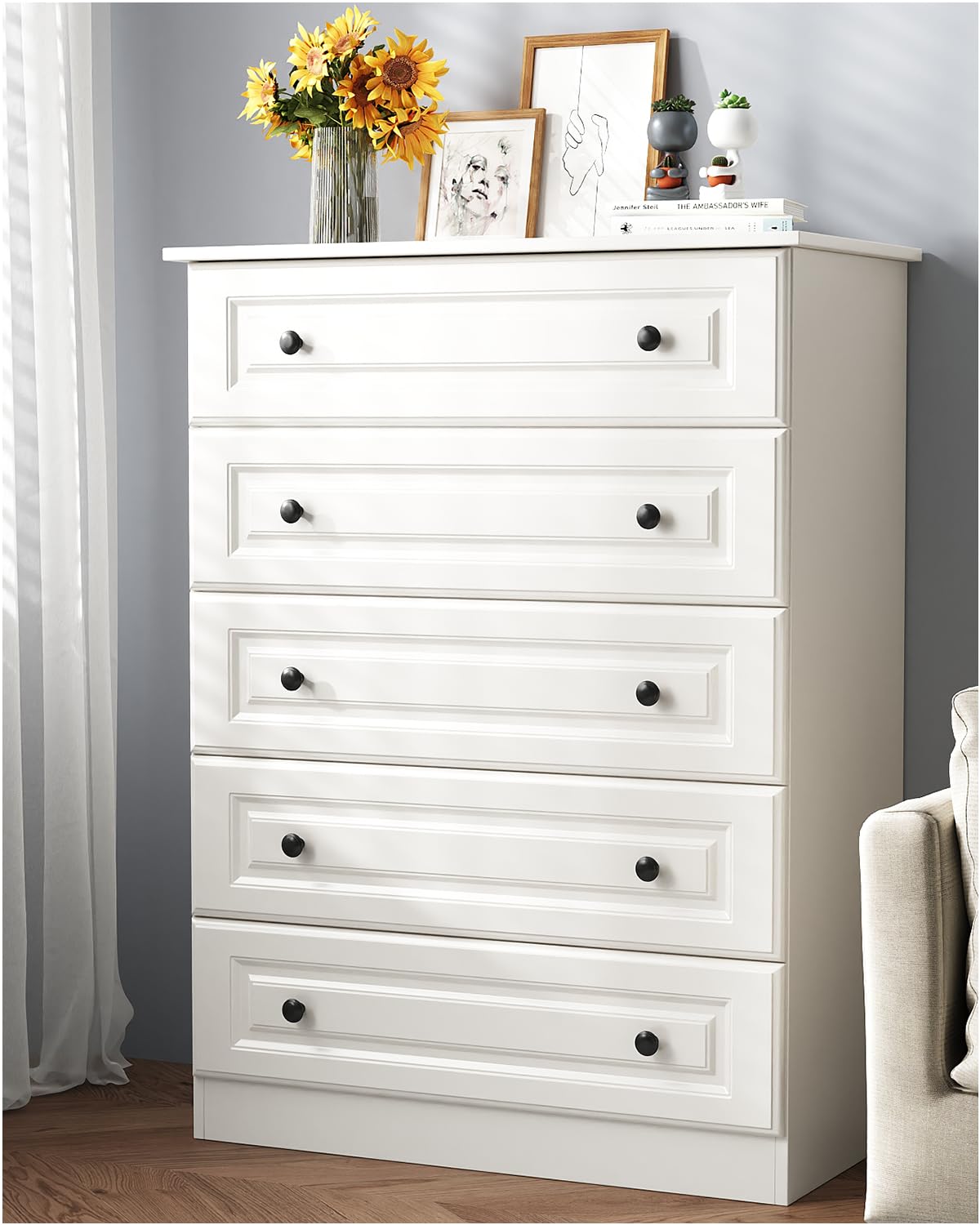 White 5-Drawer Tall Dresser with Wood Top, Modern Storage Tower for Bedroom, Closet, Living Room, Entryway, Hallway Seeday