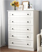 White 5-Drawer Tall Dresser with Wood Top, Modern Storage Tower for Bedroom, Closet, Living Room, Entryway, Hallway Seeday