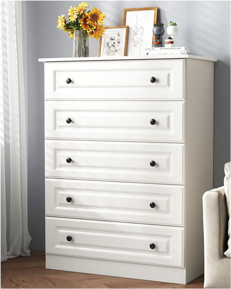 White 5-Drawer Tall Dresser with Wood Top, Modern Storage Tower for Bedroom, Closet, Living Room, Entryway, Hallway Seeday
