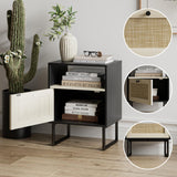 Masupu Boho Night Stand, Small Rattan Side Table, Wood Nightstand with Drawer and White Oak Shelf, Bedside Table, End Table for Bedroom,Living Room,Office (Black Frame) Masupu