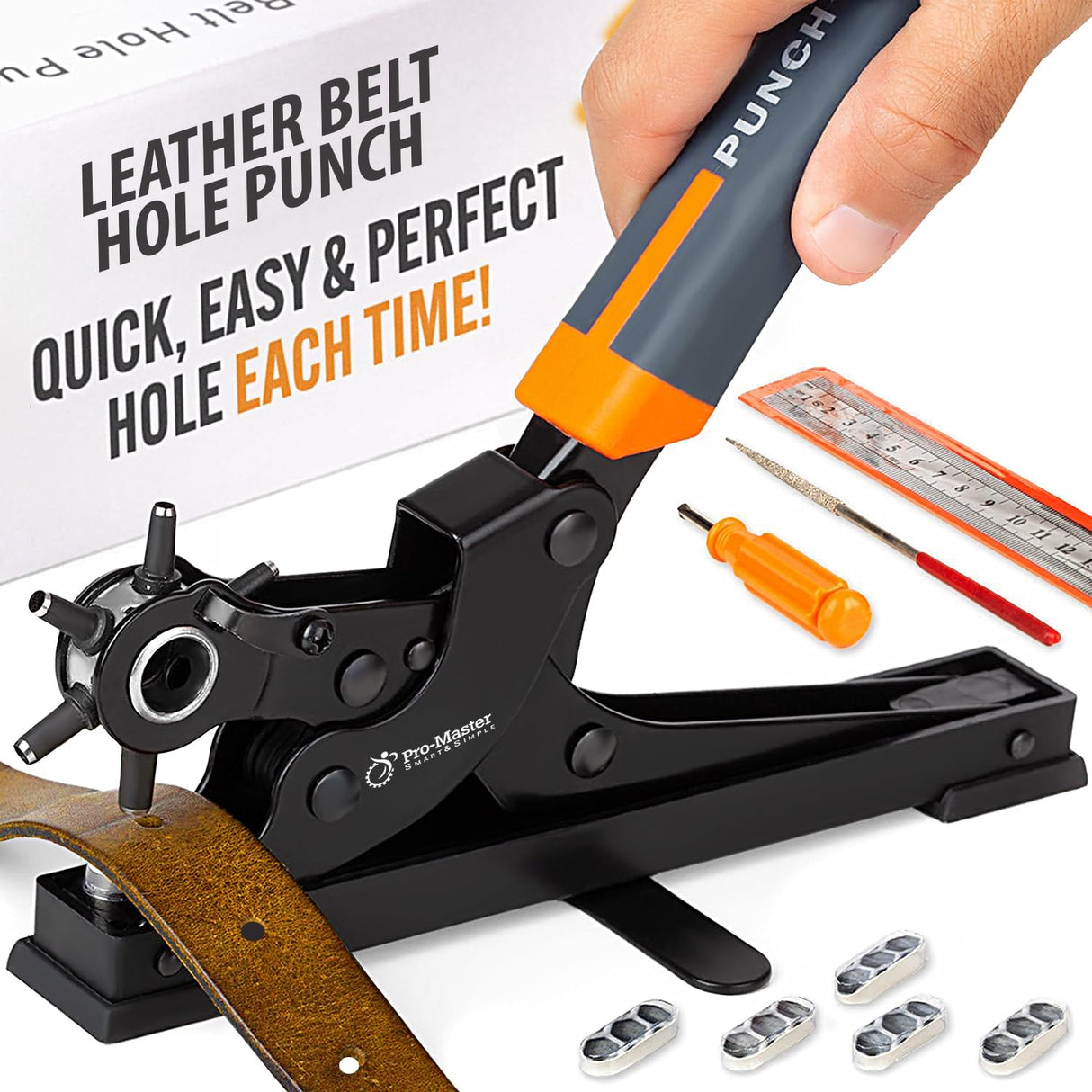Desktop Leather Belt Hole Puncher Tool - Easier to Use Tabletop Design for Watch Band, Handbag Strap. Heavy Duty Carbon Steel, Precision 6 Sizes Hole Punch for Fabric, Crafts, Easy DIY PRO-MASTER SMART & SIMPLE