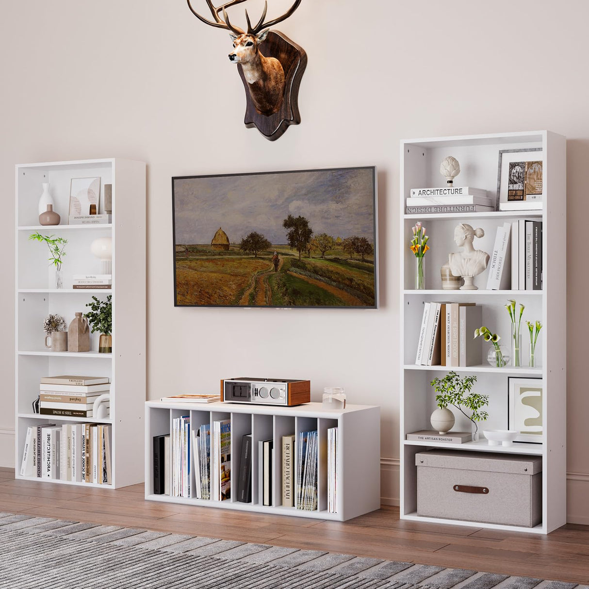 oneinmil Bookshelf 5-Tier Set of 2 Open Bookcase and Bookshelves Wooden Floor Standing Display Wide Storage Shelves Rack 60" Tall for Home Offices, Living Rooms, and Bedrooms, White oneinmil