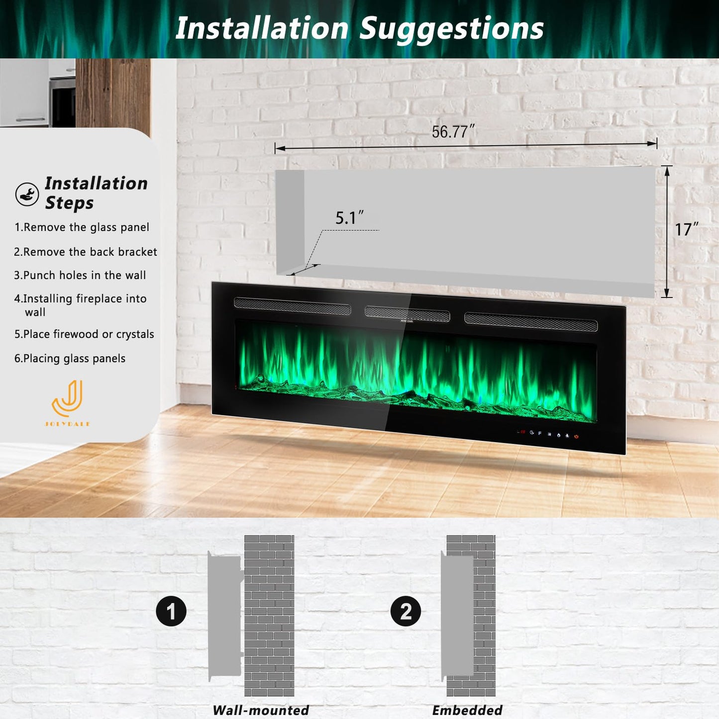 Jolydale Electric Fireplace 60 inch Wall Mounted and Recessed with Remote Control and Touch Panel Control, Timer,12-Level Adjustable Flame Colors and Speed