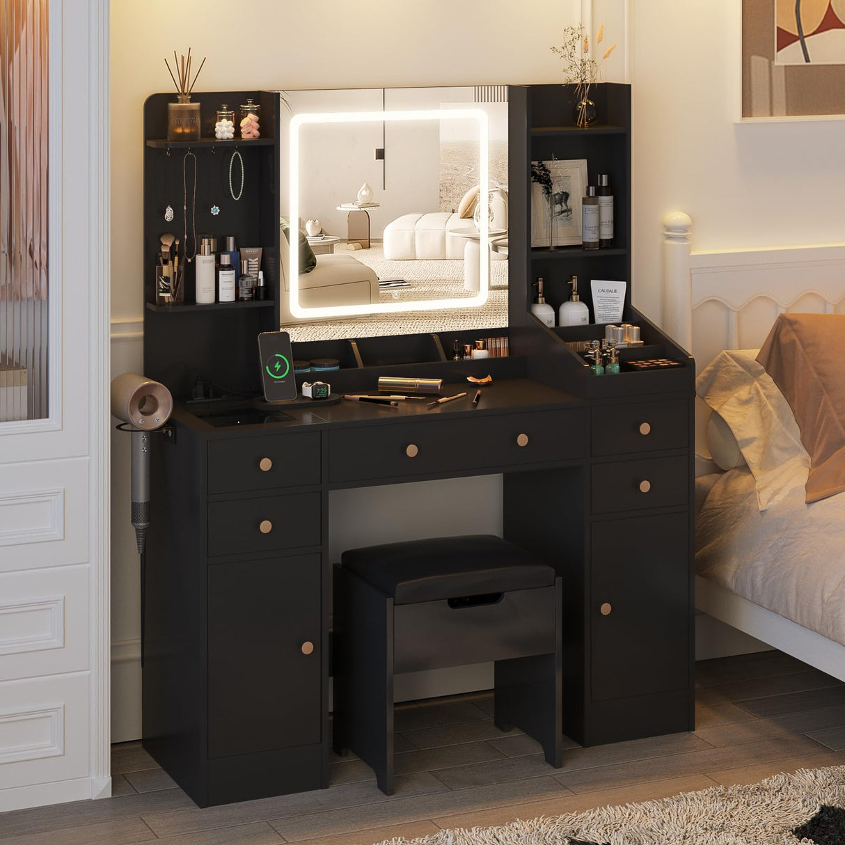 Fameill Black Makeup Vanity with 10 Lights & Power Outlets, Big Vanity with 3 Storage Compartments, Vintage Vanity Set with Large Drawers and Storage Cabinet, 45in Fameill