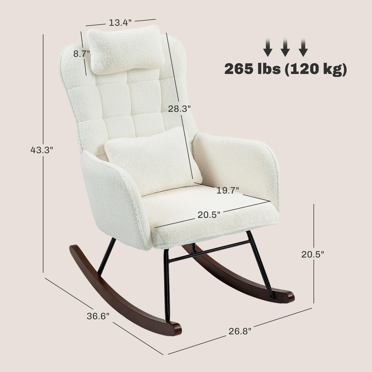 HOMCOM Upholstered Rocking Chair with Headrest and Lumber Pillow, Teddy Fleece Modern Rocker Chair with High Back, Steel Frame and Beech Wood Base for Living Room, Bedroom, Cream White HOMCOM