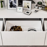 DMAITH Floating TV Stand with LED for 60 65 70in TV, Glossy Wall Mounted Modern Entertainment Center with 3 Drawers, White DMAITH