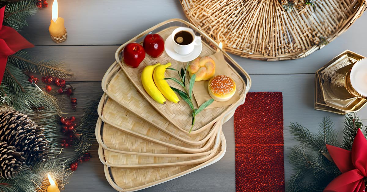 PEMAR Set of 6 Bamboo Wicker Serving Trays for Foods and Drinks, Rectangular Lap Trays for Breakfast. Decorative Bamboo Wood Basket Platters for Coffee Table, Picnic, Bed Eating PEMAR