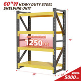 Welfiya 60" W Garage Shelving,4-Tier Heavy Duty Storage Shelves Unit with Adjustable Metal Shelf for Warehouse,Basement,Workshop,5000LBS,60" W x 24" D x 79" H,Black&Yellow Welfiya