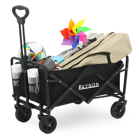 EAYNON Collapsible Folding Wagon Cart, Beach Wagon Cart, Heavy Duty with Universal Wheels & Adjustable Handle, with 200lbs Weight,for Camping, Shopping, Sports, Garden and Beach,Black