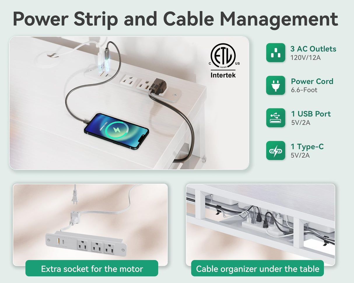 AODK Electric Standing Desk with Drawers, 47 Inch Height Adjustable Small Desk with Power Outlets, Sit Stand Table, Writing Computer Desk for Home, Office, Workstation, White AODK