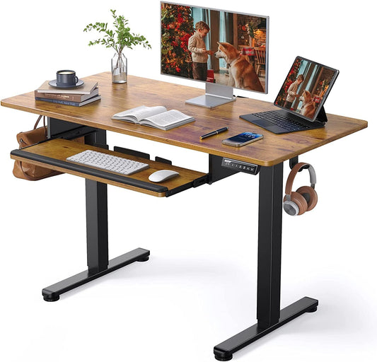 ErGear Electric Standing Desk with Full Size Keyboard Tray, Adjustable Height Sit Stand Up Desk, Home Office Desk Computer Workstation, 48x24 Inches, Vintage Brown - WoodArtSupply