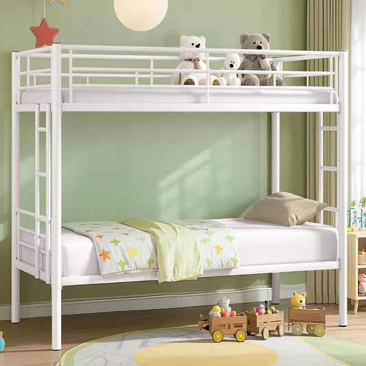 VECELO Bunk Bed Twin Over Twin, Metal Bunkbeds with Ladder and Full-Length Guardrail, No Box Spring Needed, Space Saving, Noise Free, White