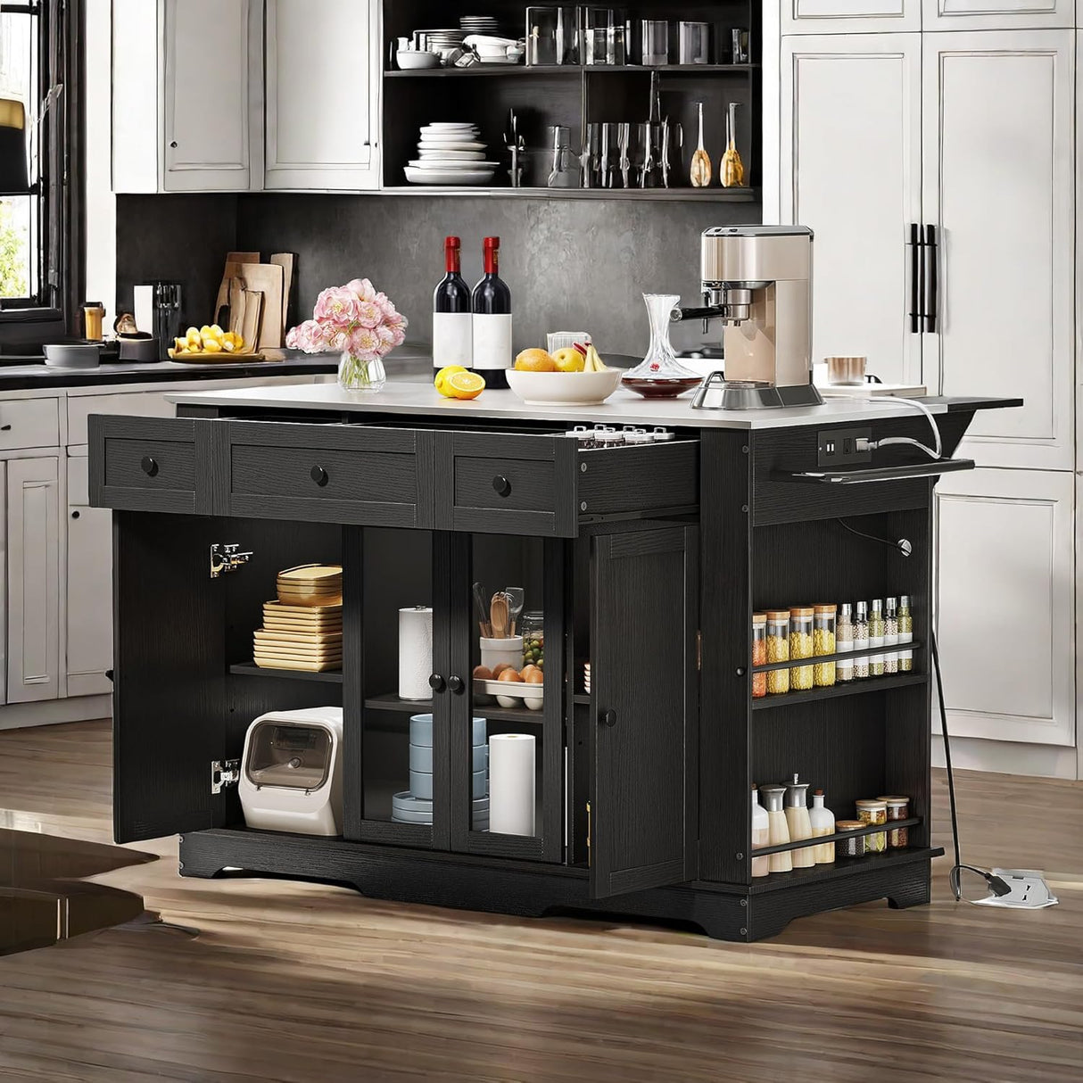 DWVO Kitchen Island w Stainless Steel Top Drop Leaf Bar Seating Power Outlet, 60" Large Rolling Mobile Center Islands w Folding Dropleaf Storage Drawer Cabinet Wheel Counter Height Metal Top, Black DWVO