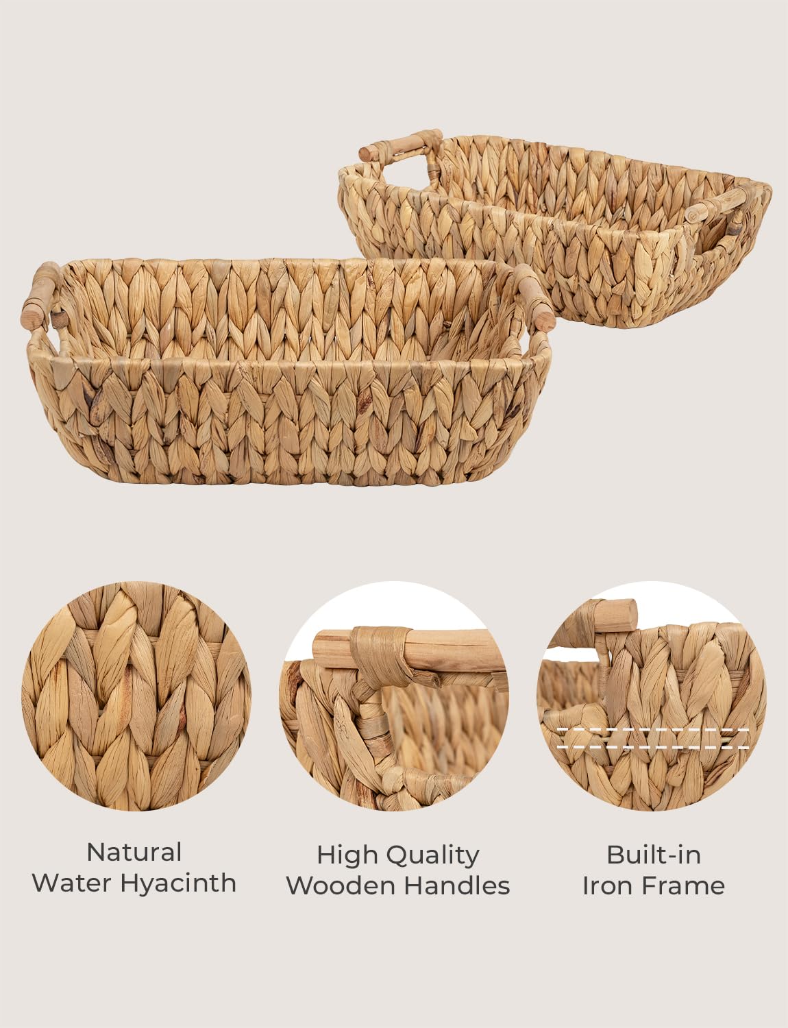 StorageWorks Hand-Woven Large Storage Baskets with Wooden Handles, Water Hyacinth Wicker Baskets for Organizing, 2-Pack StorageWorks