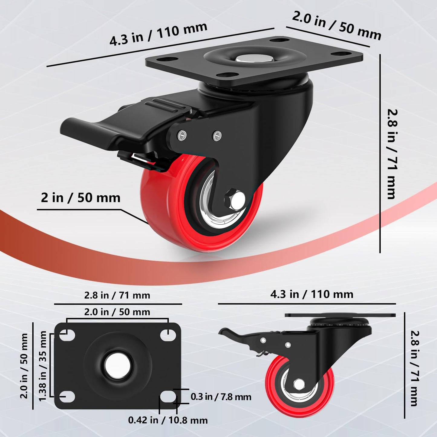 2 Inch Caster Wheels 600lbs Heavy Duty, Casters Set of 4 with Brake,Locking Industrial Swivel Top Plate Casters Wheels for Furniture and Workbench Cart(Two Hardware Kits Include)