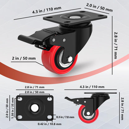 2 Inch Caster Wheels 600lbs Heavy Duty, Casters Set of 4 with Brake,Locking Industrial Swivel Top Plate Casters Wheels for Furniture and Workbench Cart(Two Hardware Kits Include)