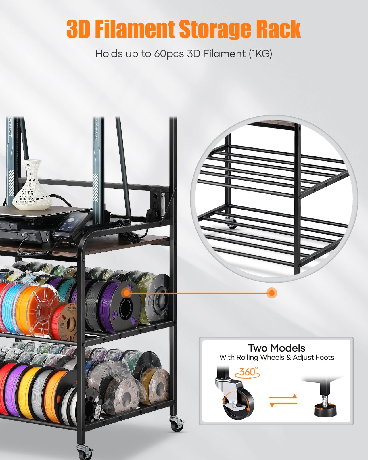 AHOWPD 3D Printer Rack Filaments Storage - Rolling 3d Printing Stand Filament Organizer, Spools Holder Racks Cart with Wheels, Heavy Duty Shelf Hold Spool PLA, ABS, PETG for Garage Office Workshop