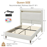 Queen Bed Frame with Tall Headboard, 55.3" Upholstered Platform Queen Size Bed Frame, Elegant Corduroy Wingback Bed with LED Lights & Charging Station, No Box Spring Needed, Solid Wood Slats, Cream Welzona