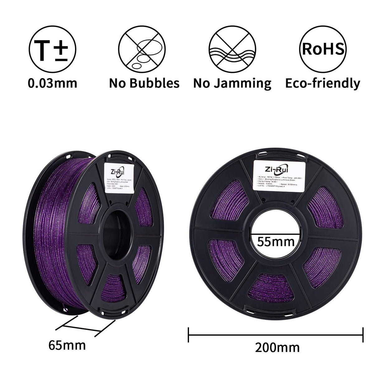 Zi-Rui 3D Printer PETG Filament, Sparkly Glitter Purple, Shining Glow in The Dark Green, 1.75mm, 2.2LBS(1KG)/Spool Zi-Rui