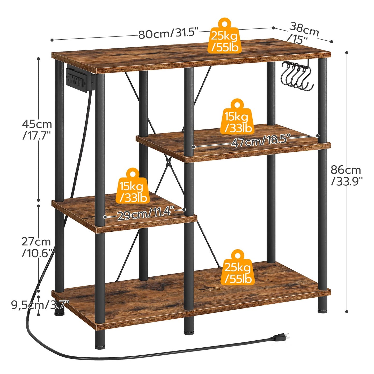 HOOBRO Bakers Rack with Power Outlet, Microwave Stand with 5 S-Shaped Hooks, Coffee Bar, Kitchen Storage Shelf, for Kitchen, Living Room, Rustic Brown and Black BF07UHB01