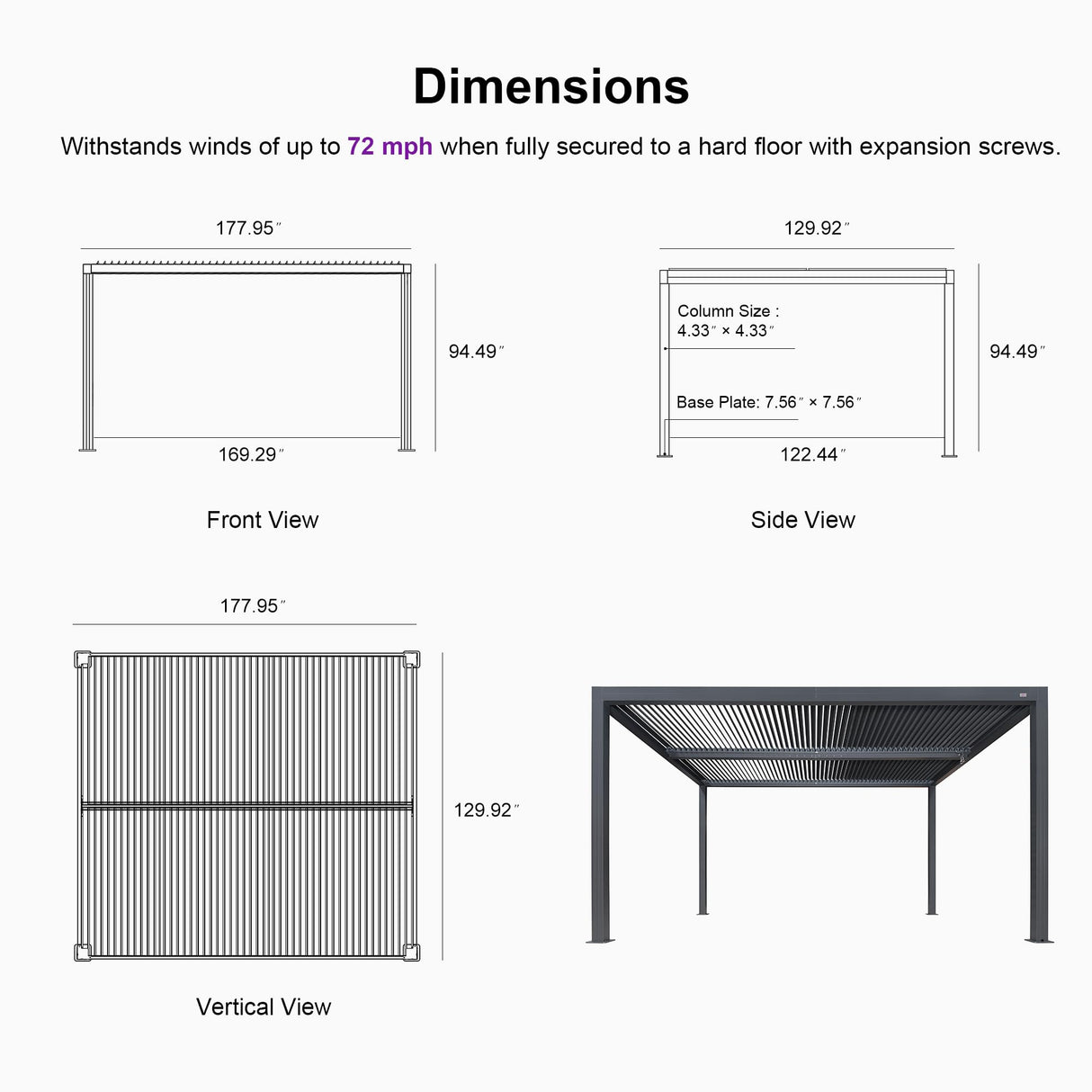 PURPLE LEAF Louvered Pergola 94AS 11' x 15' Aluminum Metal Outdoor Pergola wtih Adjustable Louvered Roof and Integrated Drainage System for Patio Deck Backyard Modern Gray Gazebo PURPLE LEAF