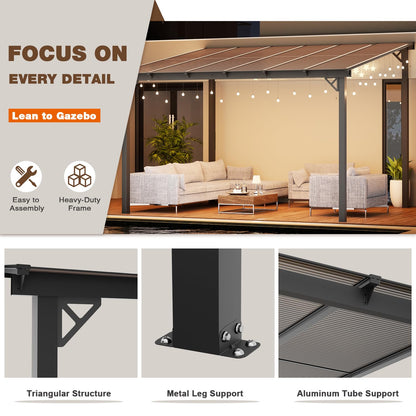 EBE 12' x 10' Gazebo, Wall Mounted Gazebo Pergola on Clearance, Hardtop Lean to Gazebo Awning with Sloped Roof, for Patio, Porch, Deck