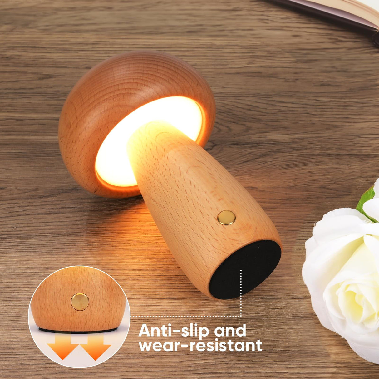 LONRISWAY Wooden Mushroom Lamp for Bedroom, Portable Cordless Small Rechargeable Battery Operated Lamp,Stepless Dimming, Night Light for Birthday Gifts LONRISWAY