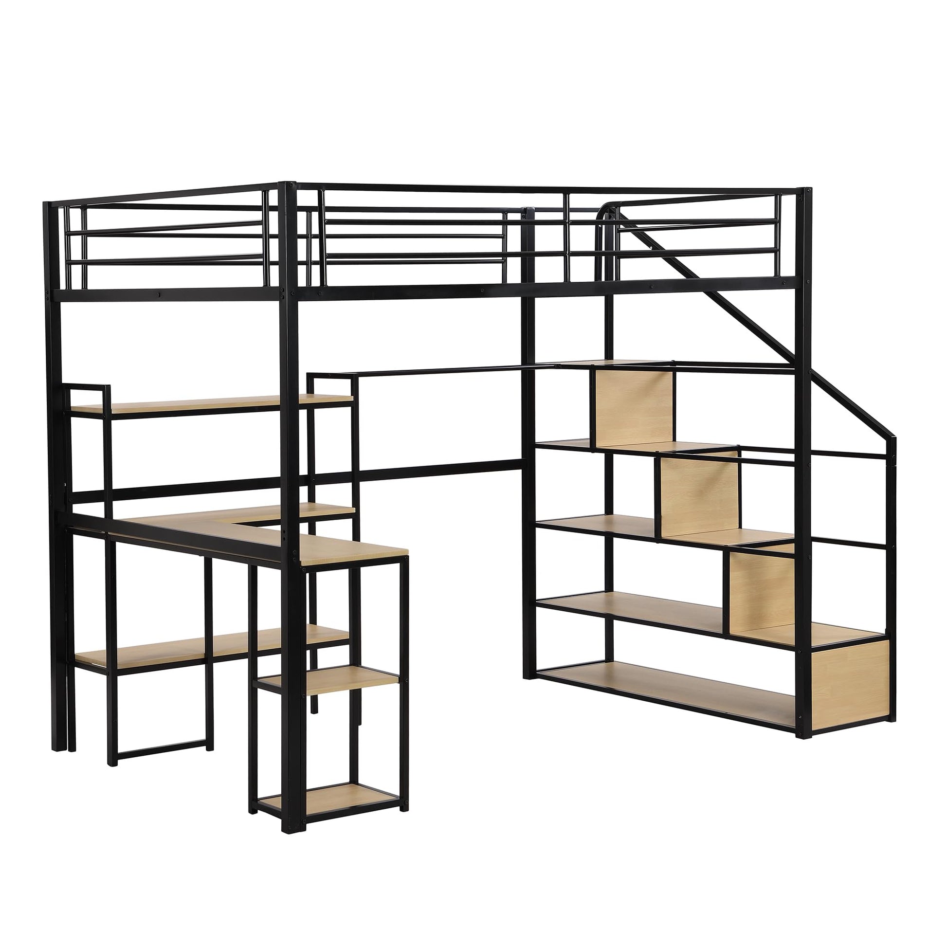 Bellemave Full Size Metal Loft Bed with Desk, Stairs, and Storage in Black - WoodArtSupply